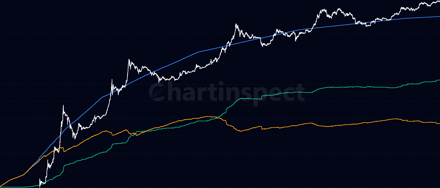 Circulating Supply - Visualize Bitcoin's total circulating supply alongside active and vaulted (hodled) supply dynamics. Track how coins flow between active circulation and long-term storage, revealing market participant behavior and accumulation patterns over time.