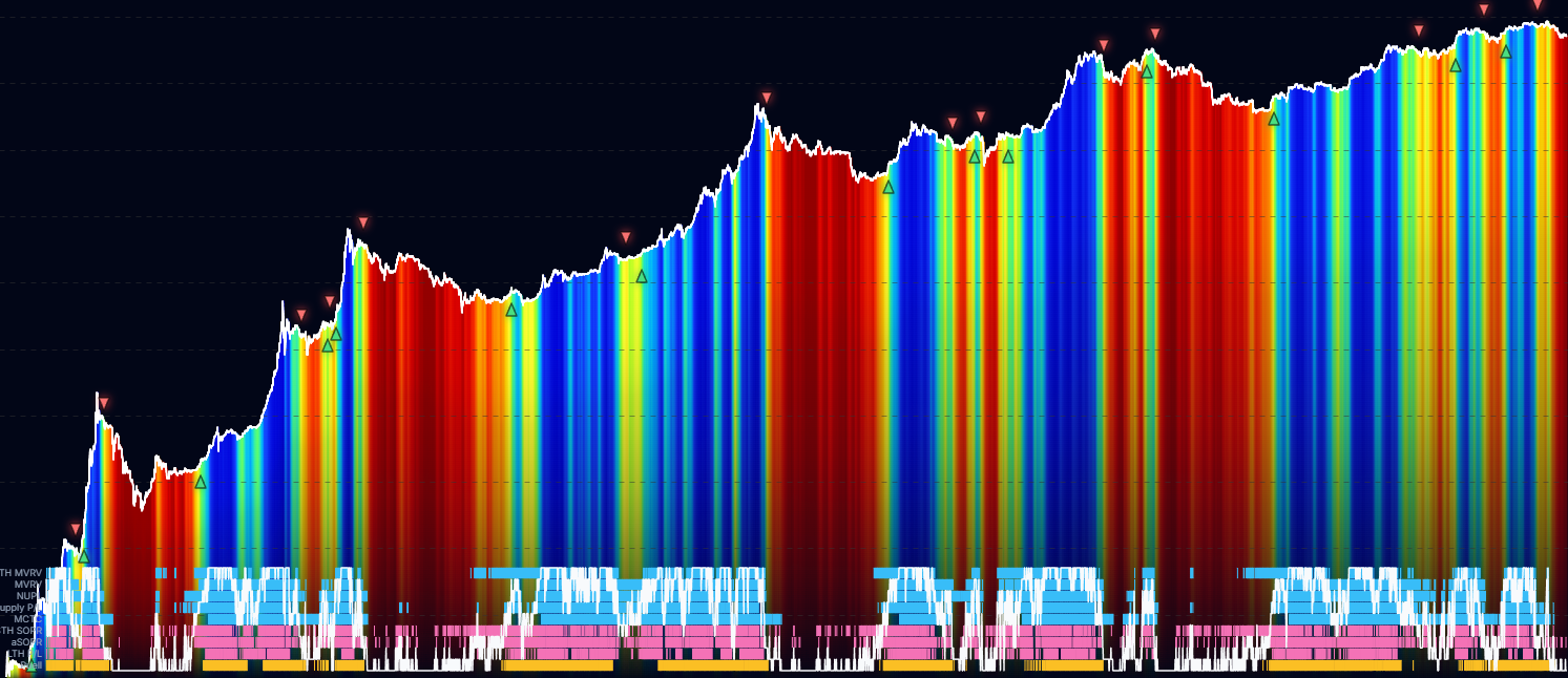 Composite Momentum - Combines 9 on-chain momentum indicators (STH MVRV, MVRV, NUPL, Supply in Profit, MCTC Ratio, STH SOPR, aSOPR, LTH P/L Ratio, Puell Multiple) into two composite metrics: Binary Consensus (% of indicators bullish) and Weighted Momentum Score (percentile-weighted average). Features adjustable weights per indicator and heatmap visualization showing individual indicator signals.