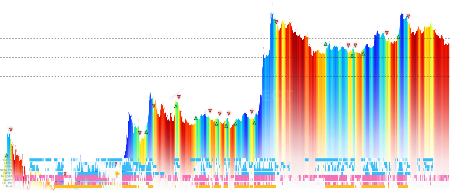 DOGE Composite Momentum - Combines multiple on-chain momentum indicators into composite metrics: Binary Consensus (% of indicators bullish) and Weighted Momentum Score. Features adjustable weights per indicator and heatmap visualization showing individual indicator signals.
