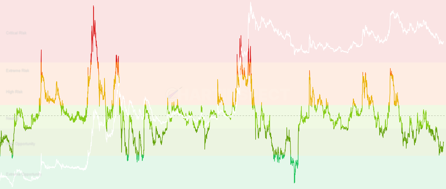 DOGE Reserve Risk Adjusted - Enhanced Reserve Risk normalized by a long-term moving average to correct for structural drift, providing more reliable signals across market cycles with values oscillating around 1.0 for clearer risk assessment