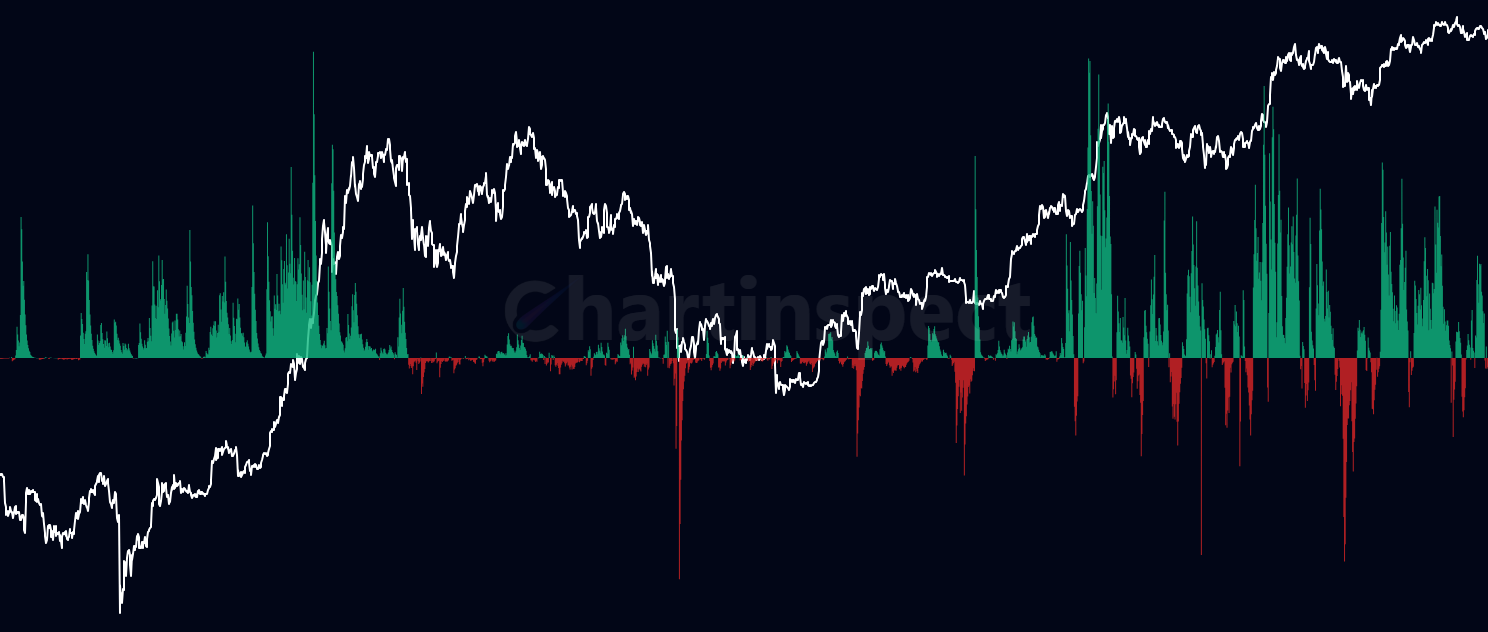 ETF Inflows/Outflows - Track net Bitcoin flows into and out of ETFs. Green bars show inflows (institutional accumulation), red bars show outflows (distribution). Reveals institutional sentiment and demand trends.