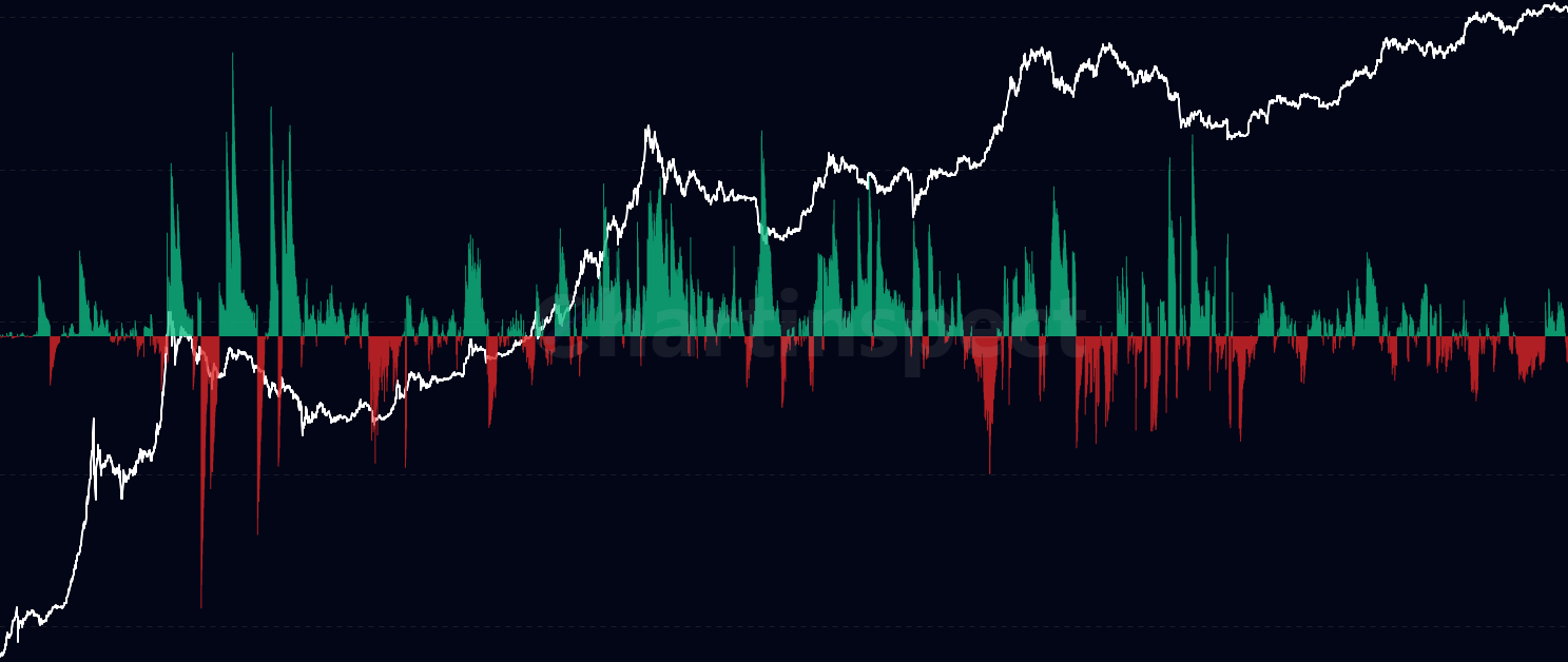 Exchange Inflows/Outflows - Track net Bitcoin flows onto and off exchanges. Green bars show inflows (potential selling pressure), red bars show outflows (accumulation). Reveals market sentiment and supply dynamics.