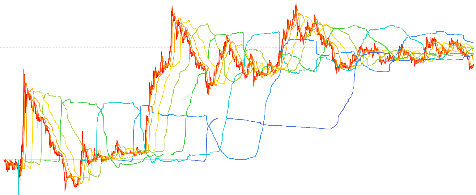 LTC Holder Realized Prices - Display the realized price (average cost basis) for all Litecoin holder age cohorts from brand new holders (0-1 day) to diamond hands (10+ years). Each line shows where that cohort last moved their coins on-chain, revealing profit/loss zones and holder behavior patterns with a hot-to-cold color gradient.