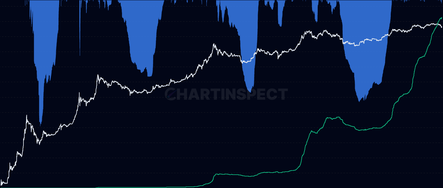 Realized Cap Drawdown - Measures the percentage decline of Bitcoin's Realized Capitalization from its all-time high. Unlike market cap drawdowns (80-90%), realized cap drawdowns are muted (-14% to -23% at bear bottoms) because it represents actual capital invested in the network.